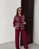 Kadın Bordo Omuzdan Bağlamalı Ekose Gömlek ve Pantolon 2li Takım
