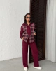 Kadın Bordo Omuzdan Bağlamalı Ekose Gömlek ve Pantolon 2li Takım