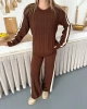 Kadın Acı Kahverengi Şerit Detaylı Kazak Pantolon Alt Üst İkili Triko Takım