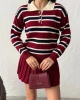 Kadın Bordo Çizgili Polo Yaka Kazak Etek İkili Triko Takım