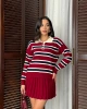 Kadın Bordo Çizgili Polo Yaka Kazak Etek İkili Triko Takım