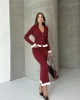 Kadın Bordo Fitilli Fırfır Detaylı Etek Bluz Zarif Triko Takım (S Beden)