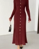 Kadın Bordo Gold Düğme detaylı Fitilli Uzun Triko Elbise