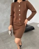 Kadın Kahverengi Gold Kalp Düğme Detaylı Hırka Etek Ikili Triko Takım (Yeni Renk)