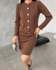 Kadın Kahverengi Gold Kalp Düğme Detaylı Hırka Etek Ikili Triko Takım (Yeni Renk)