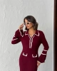 Kadın Bordo Polo Yaka Şık Düğme Detaylı Uzun Kol Triko Elbise