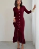 Kadın Bordo Şık Bilek Boy Kol Boydan Düğmeli Uzun Triko Elbise