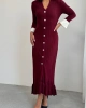 Kadın Bordo Şık Bilek Boy Kol Boydan Düğmeli Uzun Triko Elbise