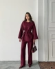 Kadın Bordo Taş İşlemeli Bel Bağlama Detaylı Bluz Pantolon Alt Üst İkili Takım