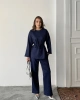 Kadın Lacivert Taş İşlemeli Bel Bağlama Detaylı Bluz Pantolon Alt Üst İkili Takım