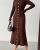 Kadın Kahverengi Gold Düğme detaylı Fitilli Uzun Triko Elbise