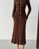 Kadın Kahverengi Gold Düğme detaylı Fitilli Uzun Triko Elbise
