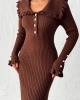 Kadın Kahverengi Kol Düğme ve Fırfır Detaylı Şık Uzun Triko Elbise (Yeni Renk)