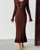 Kadın Kahverengi Kol Düğme ve Fırfır Detaylı Şık Uzun Triko Elbise (Yeni Renk)