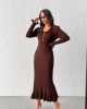 Kadın Kahverengi Kol Düğme ve Fırfır Detaylı Şık Uzun Triko Elbise (Yeni Renk)