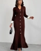 Kadın Kahverengi Şık Bilek Boy Kol Boydan Düğmeli Uzun Triko Elbise