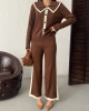 Kadın Kahverengi Şık Yaka Detaylı Düğmeli Bluz Pantolon Alt Üst İkili Triko Takım (Yeni Renk)