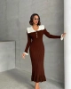 Kadın Kahverengi Şık Yaka Detaylı Midi Boy Triko Elbise