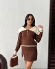 Kadın Kahverengi Yaka Ve Yırtmaç detaylı Bluz Mini Etek Alt Üst İkili Triko takım