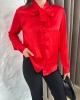 Kadın Kırmızı Fiyonk Yaka Detaylı Uzun Kol Saten Gömlek