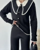 Kadın Siyah Kolu Saç Örgü Ve Şerit Detaylı Bebe Yaka Alt Üst Şık Triko Takım
