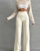 Kadın Krem Yüksek Bel Şık Şerit Detaylı Geniş Paça Triko Pantolon
