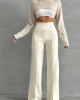 Kadın Krem Yüksek Bel Şık Şerit Detaylı Geniş Paça Triko Pantolon
