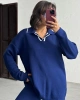 Kadın Lacivert Polo Yaka Kazak Yüksek Bel Pantolon Alt Üst İkili Triko Takım