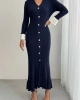 Kadın Lacivert Şık Bilek Boy Kol Boydan Düğmeli Uzun Triko Elbise
