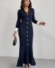 Kadın Lacivert Şık Bilek Boy Kol Boydan Düğmeli Uzun Triko Elbise