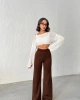 Kadın Kahverengi Yüksek Bel Şık Şerit Detaylı Geniş Paça Triko Pantolon