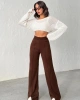 Kadın Kahverengi Yüksek Bel Şık Şerit Detaylı Geniş Paça Triko Pantolon