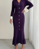 Kadın Mor Şık Bilek Boy Kol Boydan Düğmeli Uzun Triko Elbise