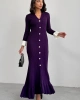 Kadın Mor Şık Bilek Boy Kol Boydan Düğmeli Uzun Triko Elbise