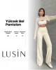 Kadın Nefti Yeşili Yüksek Bel Şık Şerit Detaylı Geniş Paça Triko Pantolon