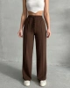 Kadın Şık Nervür Çizgi Detaylı Beli Lastikli Bağlamalı Premium Kalite Kahve Palazzo Pantolon