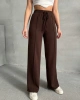 Kadın Şık Nervür Çizgi Detaylı Beli Lastikli Bağlamalı Premium Kalite Kahve Palazzo Pantolon