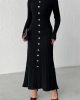 Kadın Siyah Gold Düğme detaylı Fitilli Uzun Triko Elbise