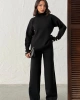 Kadın Siyah Kol Düğme Detaylı Bluz Etek Alt Üst İkili Triko Takım
