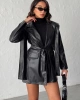 Kadın Siyah Kruvaze Yaka Kuşaklı Deri Ceket
