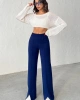 Kadın Lacivert Yüksek Bel Şık Şerit Detaylı Geniş Paça Triko Pantolon