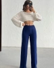 Kadın Lacivert Yüksek Bel Şık Şerit Detaylı Geniş Paça Triko Pantolon