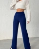 Kadın Lacivert Yüksek Bel Şık Şerit Detaylı Geniş Paça Triko Pantolon