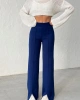 Kadın Lacivert Yüksek Bel Şık Şerit Detaylı Geniş Paça Triko Pantolon