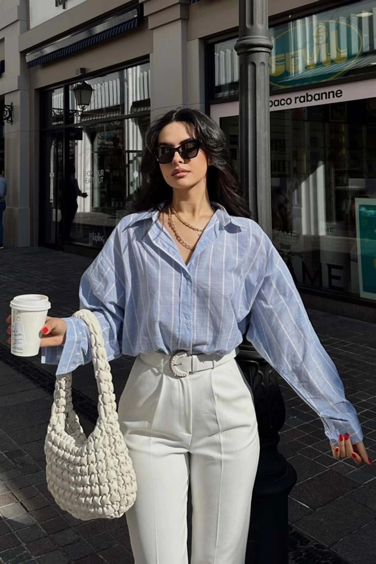 Kadın Premium Kalite Çizgili Uzun Kol Oversize Gömlek - Mavi