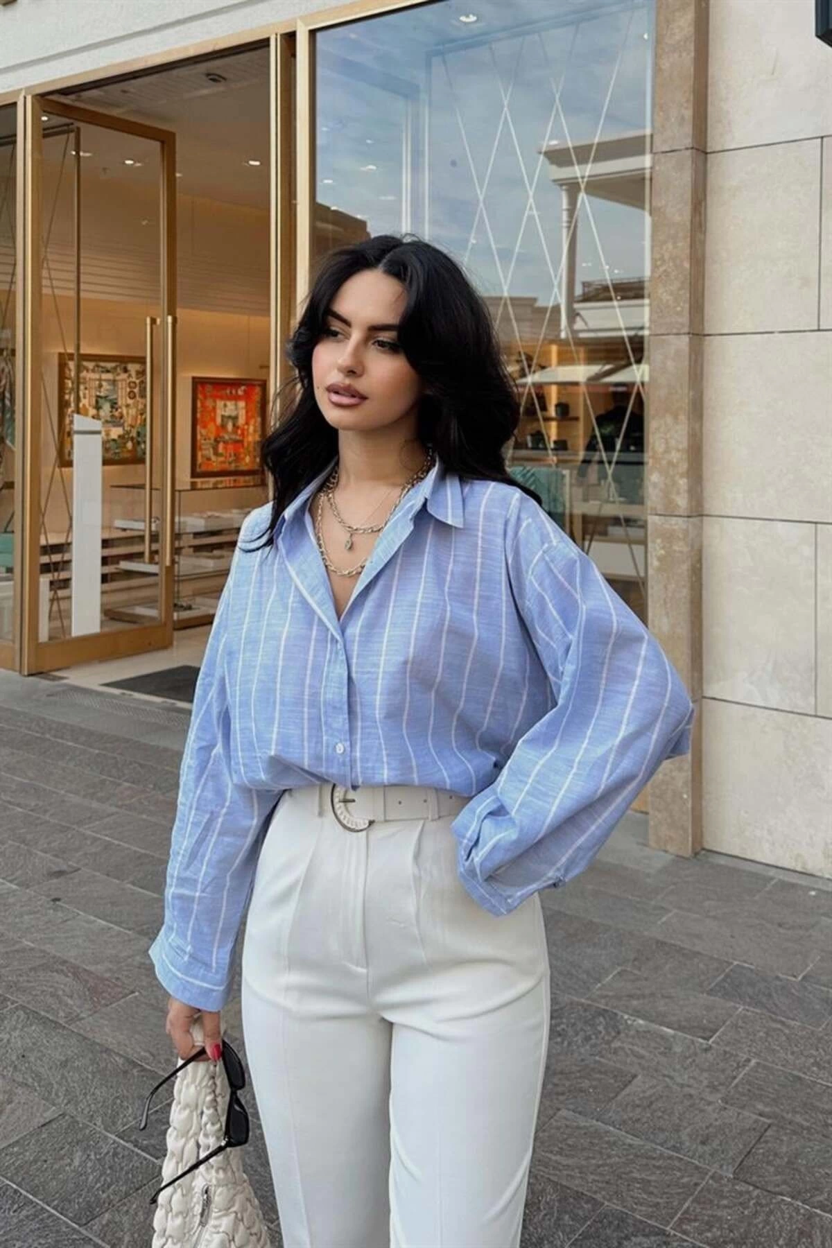 Kadın Premium Kalite Çizgili Uzun Kol Oversize Gömlek - Mavi