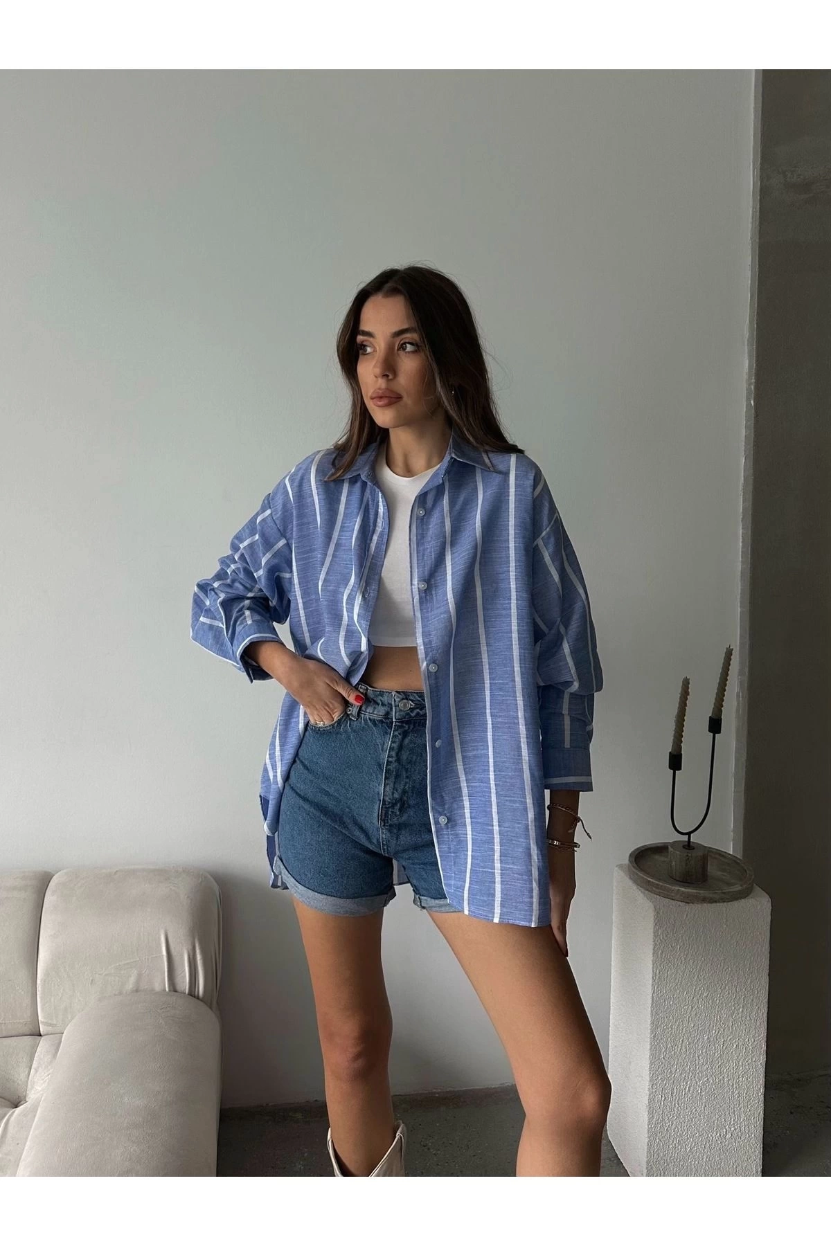 Kadın Premium Kalite Çizgili Uzun Kol Oversize Gömlek - Mavi