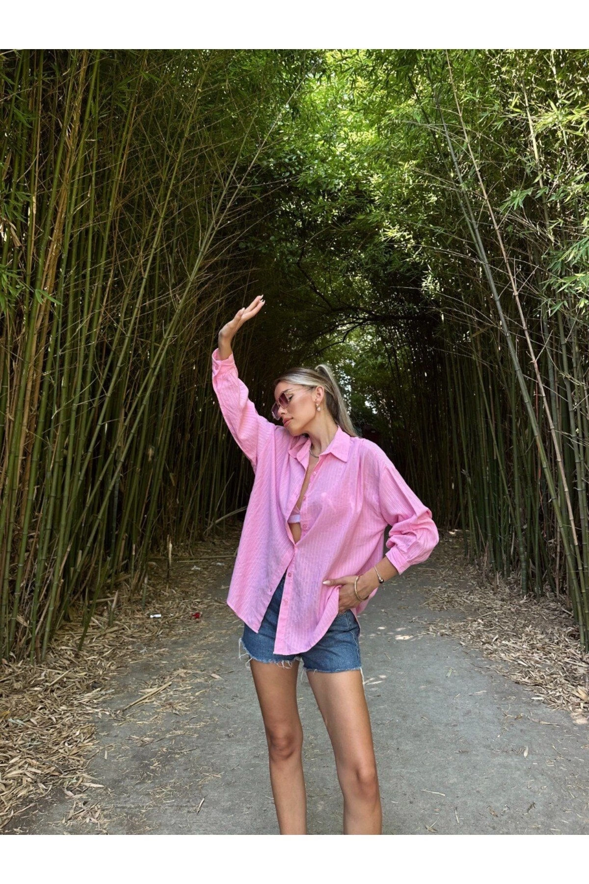 Kadın Pembe Premium Kalite Çizgili Oversize Tiril Gömlek