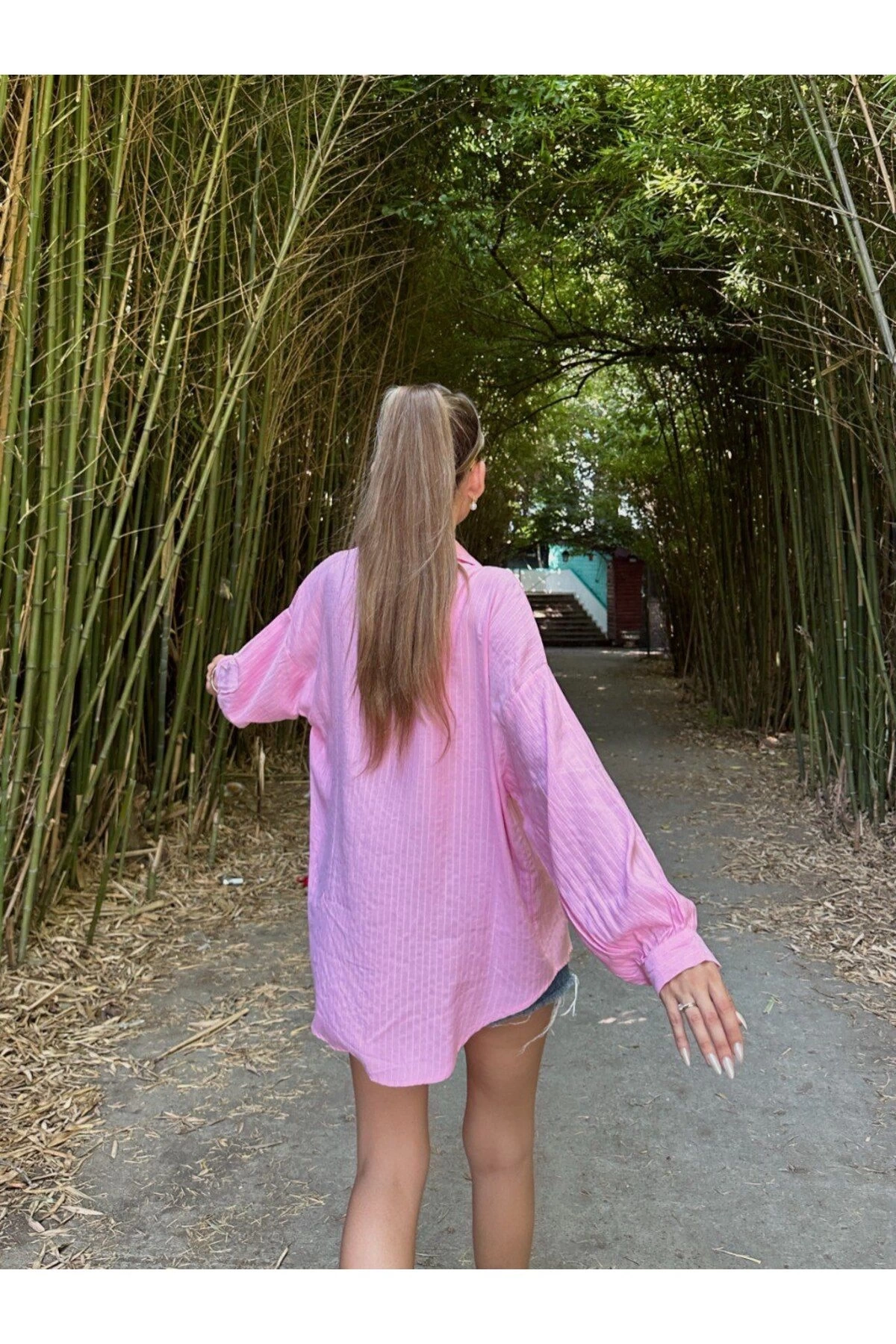 Kadın Pembe Premium Kalite Çizgili Oversize Tiril Gömlek