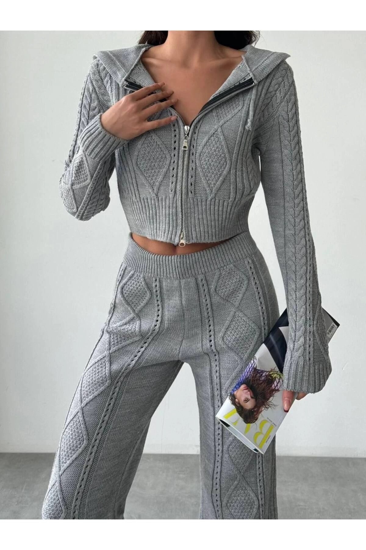 Kadın Kapşonlu Fermuarlı Crop Hırka Pantolon Alt Üst Triko Takım - Gri S/m